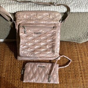 Baggallini Metallic Pink Quilted Crossbody Bag and Wristlet